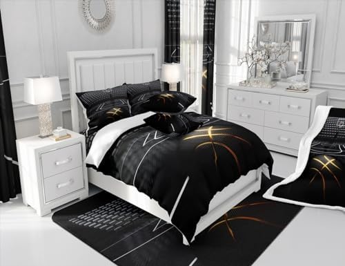 Black Golden Line Basketball Comforter Set King Size,3D Basketball Court Bedding Set for Kids Boys Teens Men Room Decor,Sports Games Theme Quilt Set Fashion Cool Duvet Insert,2 Pillowcases