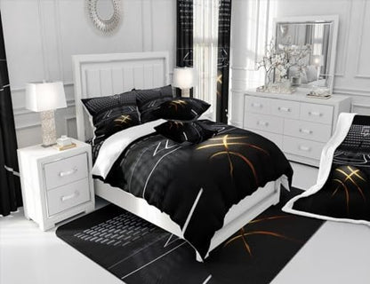 Black Golden Line Basketball Comforter Set Twin Size,3D Basketball Court Bedding Set for Kids Boys Teens Men Room Decor,Sports Games Theme Quilt Set Fashion Cool Duvet Insert,1 Pillowcase