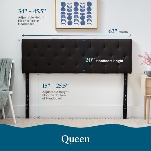 Lucid Mid-Rise Upholstered Headboard - Diamond Tufted - Padded Polyester - Adjustable Height from 34” to 46” - Easy Assembly - Bed Frame or Wall Mount - Sturdy - Black - Queen Size