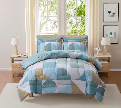 Geometric Comforter Set King Size with Sheets Bed in a Bag – Deep Pocket Fitted Sheet with Elastic Corners, Cozy Comforter, Pillowcases & Shams – Soft Microfiber All Season Bedding – Machine Washable