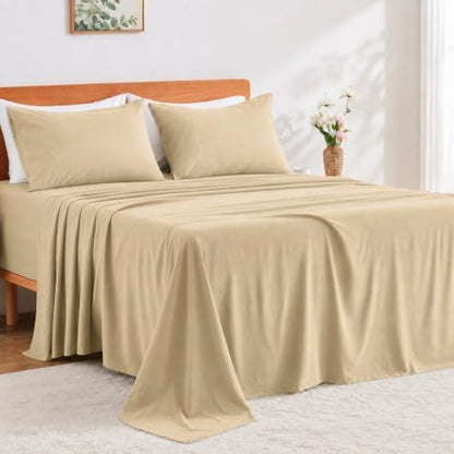 GOKOTTA 4 Piece Queen Sheet Set - Soft, Breathable & Cozy - Tan/Beige