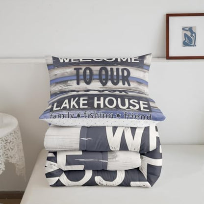 Manfei Lake House Comforter Set Toddler Size, Rustic Cabin Lake Life Bedding Set 2pcs, Farmhouse Wooden Plank Down Comforter for All Season, Kids Boys Teen Room Decor, 1 Pillowcase, No Sheets