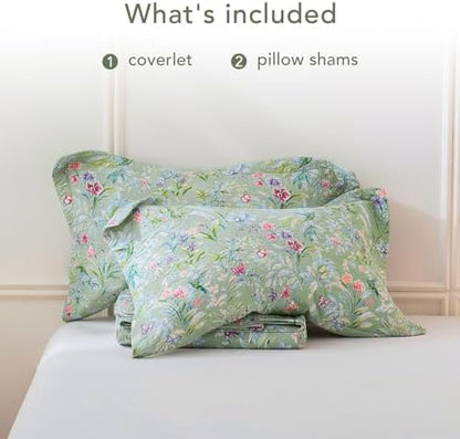 Lady Ann Oversized King Bedspreads 128x120 for Extra Bed, Green Flower Bird Butterfly Print Botanical Bedding, Lightweight 100% Cotton Quilted Coverlet Set with Pillow Shams for All Season, 3 PCS