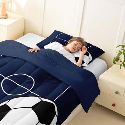 Castle Fairy Football Kids Comforter Set,Boys Soccer Sports Theme Bedding Set All Season,Football Court Blue White Comforter 2 Pcs with 1 Pillowcase,Ball Playground Quilt Bedroom Decor,Toddler Size