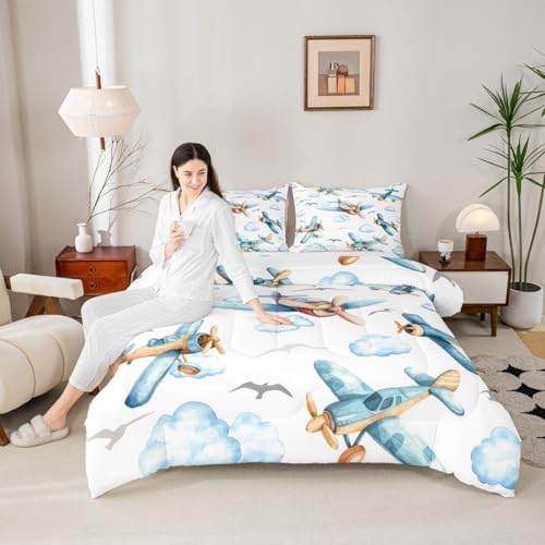 Erosebridal Boys Cartoon Propeller Plane King Size Comforter Set, Aircraft Airplane Bedding Set, Blue Clouds Comforter for Kids Child Girls Adults Bedroom, Flying Birds Animals Duvet Insert