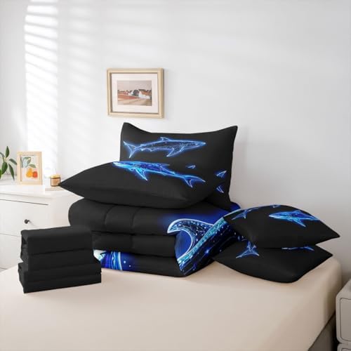 Feelyou Blue Neon Shark Comforter Set with Sheets 7 Piece Full Ocean Design Bed in a Bag Kids Boys Girls Line Art Shark Bedding Set Deep Sea Creature Print Bedroom Decor Marine Soft Lightweight