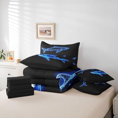 Feelyou Blue Neon Shark Comforter Set with Sheets 7 Piece Full Ocean Design Bed in a Bag Kids Boys Girls Line Art Shark Bedding Set Deep Sea Creature Print Bedroom Decor Marine Soft Lightweight