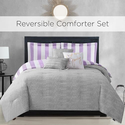 Juicy Couture Cabana Stripe Reversible Bedding Set - Queen/Full Size - Lavender/White Stripe Print – 6 Piece Set – Includes 1 90" x 90" Comforter, 3 Decorative Pillows, 2 Shams