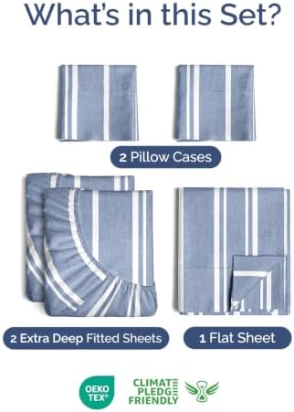 Extra Deep Split King Sheet Set - Breathable & Cooling - Blue Stripes