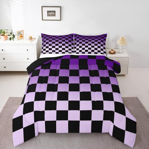 Checkered Kids Comforter Set Full Size Modern Geometric Gradient Purple Black Bedding Set Cute Neutral Plaid Duvet Quilt for Kids Boys Girls Bedroom Vintage Aesthetic Decor
