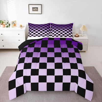 Feelyou Checkered Kids Comforter Set Queen Size Modern Geometric Gradient Purple Black Bedding Set Cute Neutral Plaid Duvet Quilt for Kids Boys Girls Bedroom Vintage Aesthetic Decor