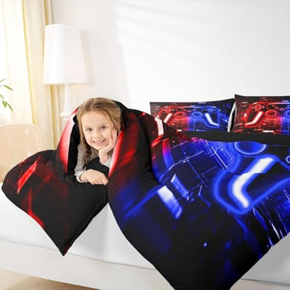 Gamer Comforter Set Gaming Girl Toddler Bedding Set, Neon Lights Video Game Console Comforter Red Blue Brick Cube Quilt,Gaming Room Decor for Boys