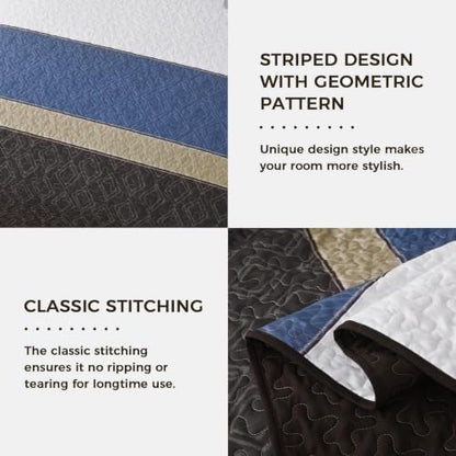 Cottolester Quilts Queen Size,Brown Blue Striped Bedspread Coverlet Set