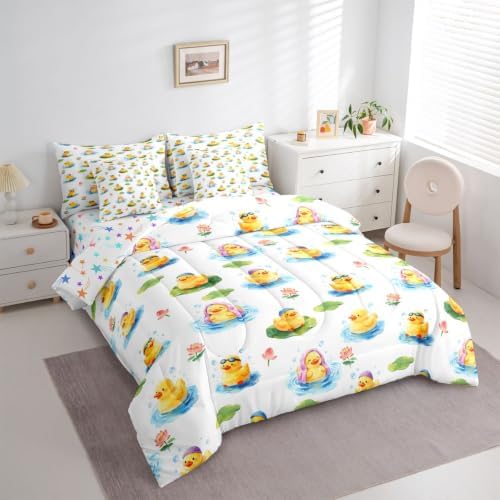 Erosebridal Cute Yellow Duck Full Bedding Set 7 Piece Kawaii Rubber Ducks Bed in A Bag with Sheets Cartoon Animal Print Comforter Set for Kids Adults,Funny Duck Lotus Bed Sets