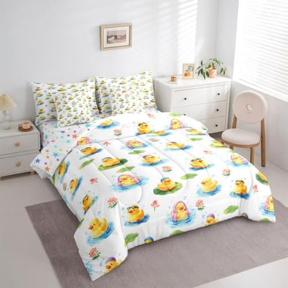 Erosebridal Cute Yellow Duck Full Bedding Set 7 Piece Kawaii Rubber Ducks Bed in A Bag with Sheets Cartoon Animal Print Comforter Set for Kids Adults,Funny Duck Lotus Bed Sets