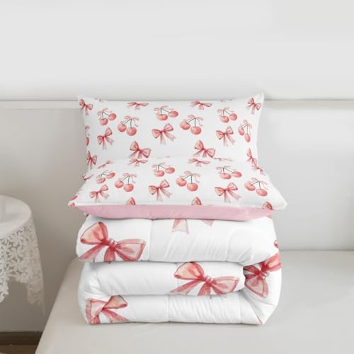 jejeloiu Watercolor Bow Kids Comforter Set Queen Size Lovely Pink Cherry Bedding Set Dreamy Princess Style Duvet Quilt for Kids Boys Girls Bedroom Decor Microfiber Ultra Soft Breathable