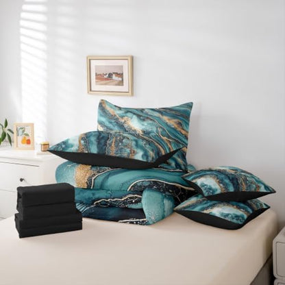 Erosebridal Marble Comforter Set Full Size,Abstract Marble Texture Bedding Set for Kids Teens,Fluid Ink Art (Comforter+Fitted+Flat Sheet+2 Pillowcases+2 Throw Pillow Covers) 7 Pieces Bed Set