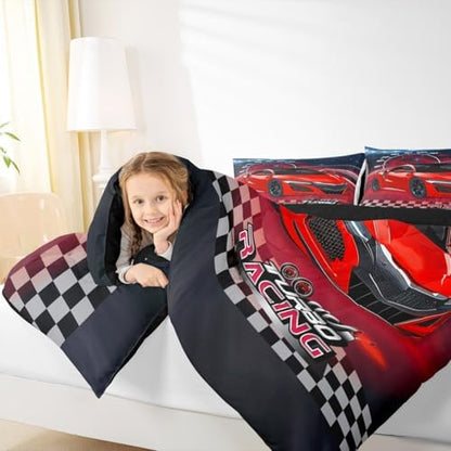 Feelyou Ombre Racing Car Bedding Set King Size Kids Red Speed Sports Car Bedding Set for Boys Girls Teens Extreme Sports Duvet Quilt Breathable Soft Lightweight Microfiber Room Decor