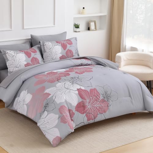 Luxudecor Grey Pink Comforter Set Queen Size, 7 Pieces Floral Bed in a Bag