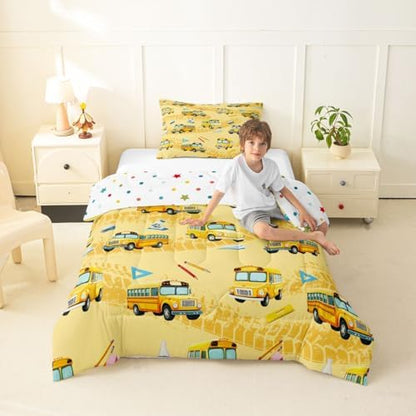 Feelyou School Bus Comforter Set Twin Size Cartoon Truck Bedding Set for Kids Boys Girls Yellow Transport Vehicles Duvet Quilt Bedroom Decor Microfiber 2 Pcs with 1 Pillow Case