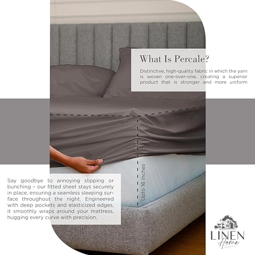 Linen Home Full Size 100% Cotton Percale Sheets, 4 Pc Cooling Set Charcoal