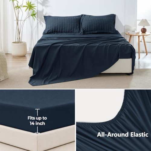 HIMEET King Comforter Set, 7-Piece Seersucker Bed in a Bag, Navy Blue