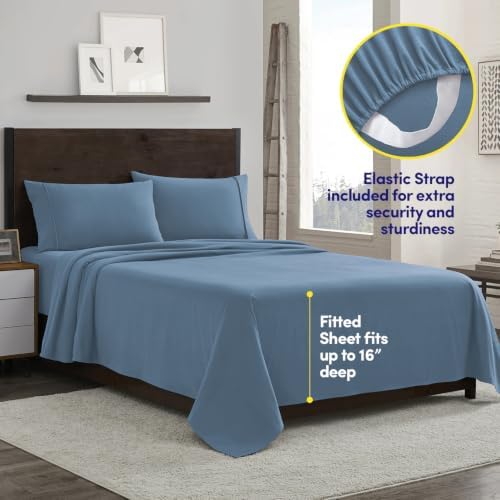 Sweet Home Collection Flannel Sheet Set, Denim Blue King, Deep Pocket Soft Brushed Microfiber All-Season Bedding with Fitted Sheet, Flat Sheet & Pillowcase(s)