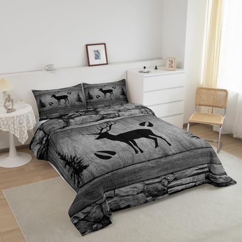 Manfei Rustic Deer Comforter Set Twin Size, Black Trees Deer Paw Print Bedding Set 2pcs for Kids Boys Teens Room Decor, Grey Wooden Plank Down Comforter Wild Animal Quilt Set with 1 Pillowcase