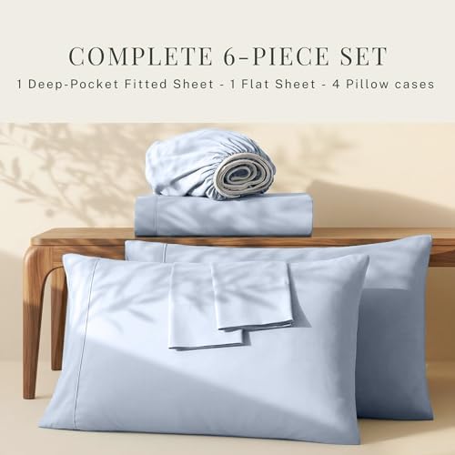 Hearth & Harbor Extra Deep Pocket Sheets - Fits Mattress 18-24 Inches Deep - Extra Deep Pocket California King Size - 6 Piece Cal King Sheets - Cal King, Ice Blue