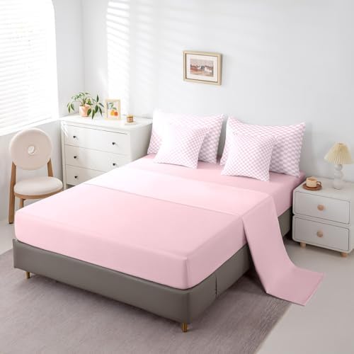 jejeloiu Pink and White Bedding Set 7Pcs Full Size Kids Plaid Checkered Comforter Set with Sheets for Boys Girls Classic Grid Buffalo Check Bed in a Bag Soft Lightweight,Microfiber
