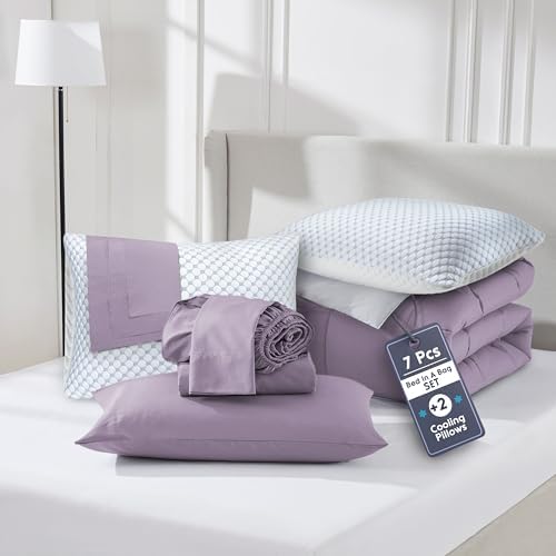 Nestl 9 Piece Full Comforter Set – Dusty Purple Reversible Bed in a Bag – Complete Full Size Bedding Set with Sheets, Set of 2 Cooling Pillows, Pillowcases and Shams