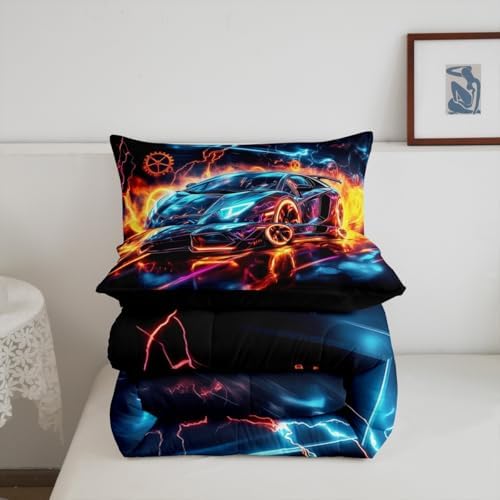 Erosebridal Ice Fire Race Car Boys Toddler Comforter Set,Blue Black Cars Bedding Set for Kids Children Teens Girls,Orange Blue Geometric Wheel Racing Car Quilt,Extreme Sports Bedding Sets for Boys