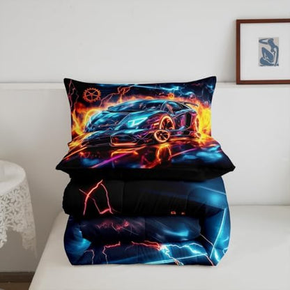 Erosebridal Ice Fire Race Car Boys Toddler Comforter Set,Blue Black Cars Bedding Set for Kids Children Teens Girls,Orange Blue Geometric Wheel Racing Car Quilt,Extreme Sports Bedding Sets for Boys