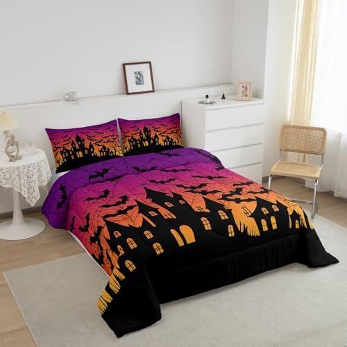 Homewish Castle Silhouette Full Size Comforter Set,Orange Purple Bedding Set for Adults Teens,Children Black Bat Comforter Luxury Halloween Theme Quilt Set Room Decor 3Pcs