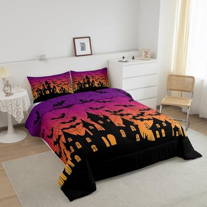 Homewish Castle Silhouette Full Size Comforter Set,Orange Purple Bedding Set for Adults Teens,Children Black Bat Comforter Luxury Halloween Theme Quilt Set Room Decor 3Pcs