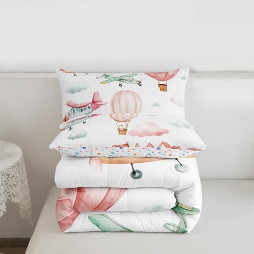 Erosebridal Cartoon Airplane King Size Comforter Set, Pink Aircraft Bedding Set for Girls Kids Teens Youth Women Bedroom, Cute Cat Pink Hot Air Balloon Comforter, Colorful Cloud Duvet Insert