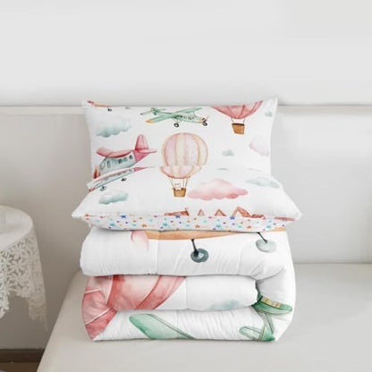Erosebridal Cartoon Airplane King Size Comforter Set, Pink Aircraft Bedding Set for Girls Kids Teens Youth Women Bedroom, Cute Cat Pink Hot Air Balloon Comforter, Colorful Cloud Duvet Insert
