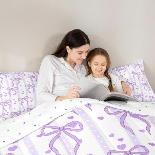 Castle Fairy Purple Bowknot Comforter Set Full Size,Dreamy Princess Style Duvet Sets for Kids Girly Teens Adults Bedroom Decor,Sweet Heart Print Purple Ribbon Ultra Soft Bedding Comforter,3 Pcs