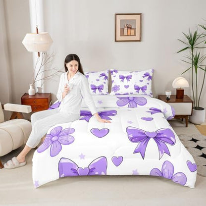 jejeloiu Bowknot Comforter Set Toddler Size Bow Bedding Set for Kids Boys Girls White Purple Duvet Quilt Cute Bow-tie Bedroom Decor Microfiber 2 Pcs with 1 Pillow Cases