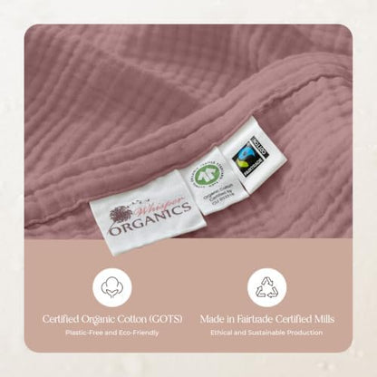 100% Cotton Organic Muslin Throw Blanket for Adults GOTS & Fairtrade Certified Organic Cotton - Couch Living Room and Bedroom Decor - 4 Layer Super Soft and Cozy (Wood Rose, Queen)