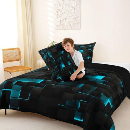 Erosebridal Black Teal Comforter Set Twin Neon Turquoise Geometric Checkered Bedding Set for Boys Gaming Room Decor,Teen Men Abstract Stereoscopic Grids Quilt Square Plaid Bed Set 2 Pcs