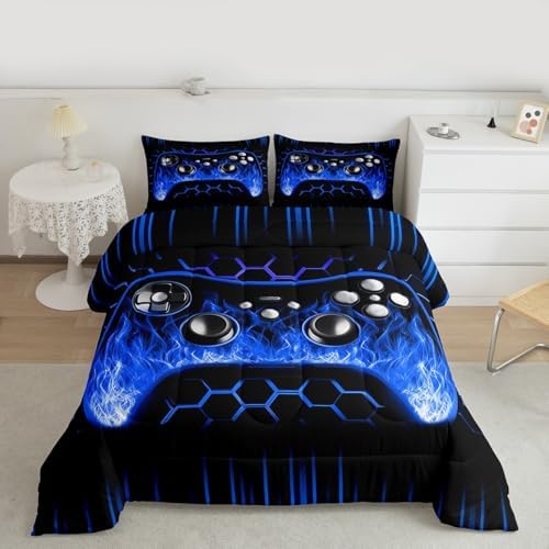 Erosebridal Ombre Art Honeycomb Gaming Comforter Sets for Boys Blue Neon Lights Game Consoles King Bedding Set Geometry Hexagon Beehive Bed Set Gamer Decor for Boys Bedroom Decor