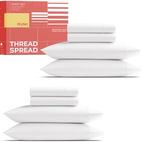 THREAD SPREAD 100% Egyptian Cotton Queen Size Sheet Set Pack of 2 - Luxury 1200 Series Plush Collection Egyptian Cotton Sheets Queen Size Silky Soft Cooling, Sateen 17" Deep Pocket Bedsheets - White
