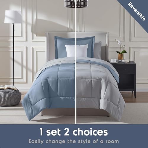 Nestl 7 Piece Twin Comforter Set – Stone Blue Reversible Bed in a Bag – Complete Twin Size Bedding Set with Sheets, Set of 2 Cooling Pillows, Pillowcase and Sham