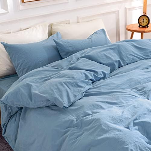 NEXHOME PRO Duvet Cover Set Queen Size Linen Look Textured Organic Natural 100% Washed Cotton Duvet Cover Blue 3 Pieces Bedding Set with Zipper Closure and Corner Ties, Breathable (No Comforter)