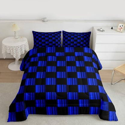 Feelyou Checkered Comforter Set King Size Abstract Ombre Bedding Set for Kids Boys Girls Modern Geometric Blue Black Duvet Quilt Cute Neutral Aesthetic Plaid Bedroom Decor 3 Pcs with 2 Pillow Cases