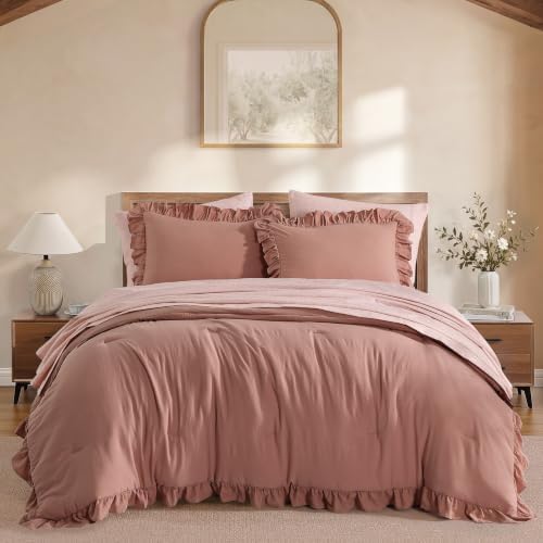 BLOOMHAVEN Queen Comforter Set-7 Pieces Ruffle Bedding with Floral Sheet
