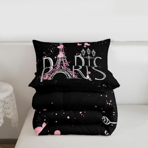 Feelyou Eiffel Tower Comforter Set Chic Paris Bedding Set Romantic Theme Comforter for Boys Girls Children Teens Black Pink Bedroom Decor Modern French Style Duvet Set King Size with 2 Pillow Case