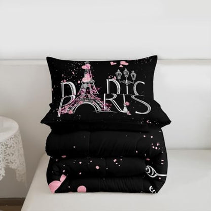 Feelyou Eiffel Tower Comforter Set Chic Paris Bedding Set Romantic Theme Comforter for Boys Girls Children Teens Black Pink Bedroom Decor Modern French Style Duvet Set Queen Size with 2 Pillow Case