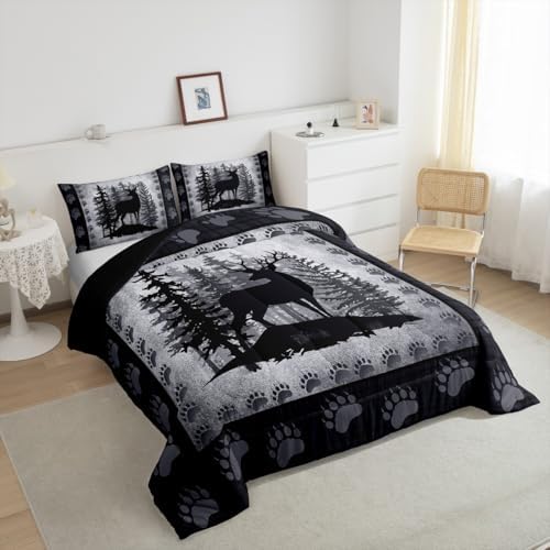 Castle Fairy Rustic Deer Plaid Comforter Set Twin Size Animal Hunting Bear Paw Print Bedding Set for Kids Boys Pine Trees Retro Grid Quilted Duvet Set with 1 Pillowcase,Polyester